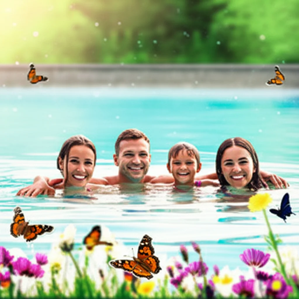 Smiling family enjoying a natural pool, surrounded by wildflowers and butterflies, with a blurred background showcasing