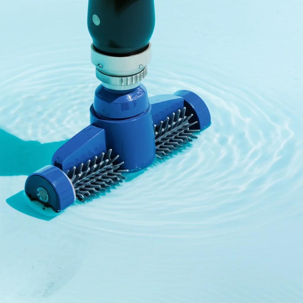 Close-up shot of a powerful pool vacuum meticulously removing debris from the bottom of a swimming pool, creating swirli