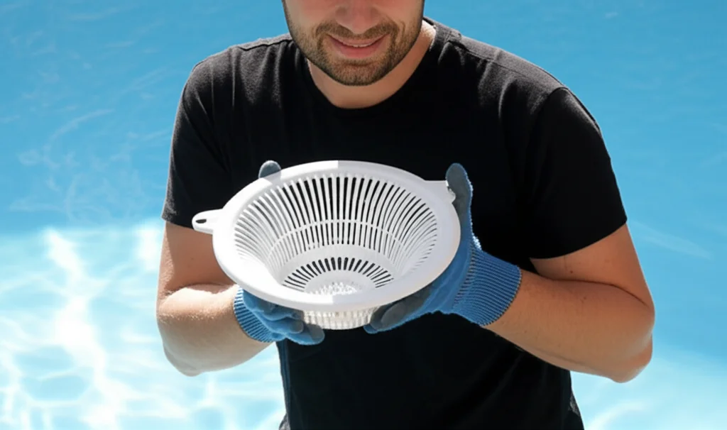 Medium shot of a professional pool technician wearing gloves, carefully examining a sparkling clean pool skimmer basket,