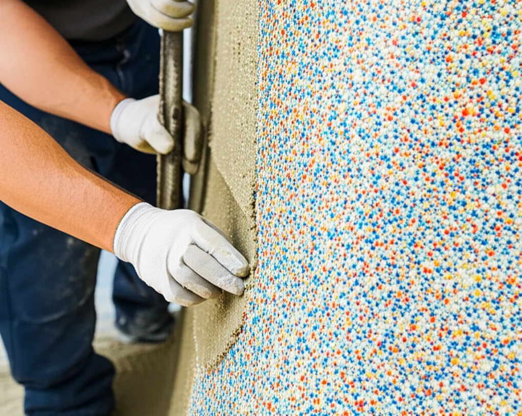 Close-up shot of skilled technicians meticulously applying a vibrant pebble aggregate mixture to the interior of a pool,