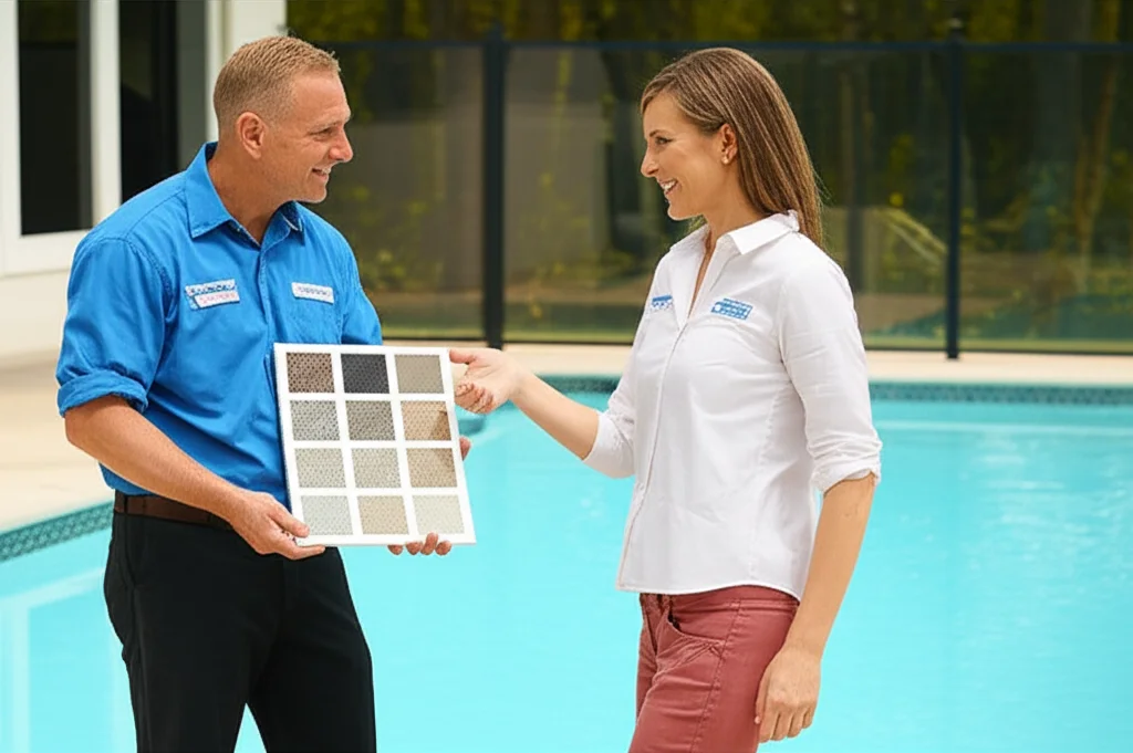 A smiling homeowner stands poolside, admiring the newly resurfaced pebble pool with a technician who is holding a sample