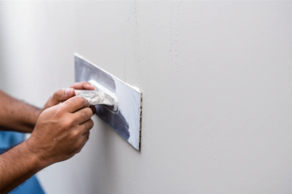 Close-up shot of a skilled technician troweling fresh, white plaster onto a pool wall, showcasing the smooth, even appli