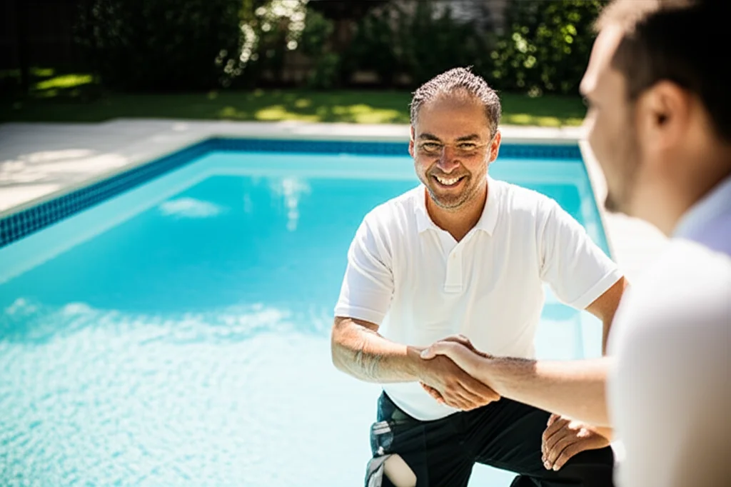 Medium shot of a homeowner smiling and shaking hands with a technician beside a pool filled with sparkling water, both a