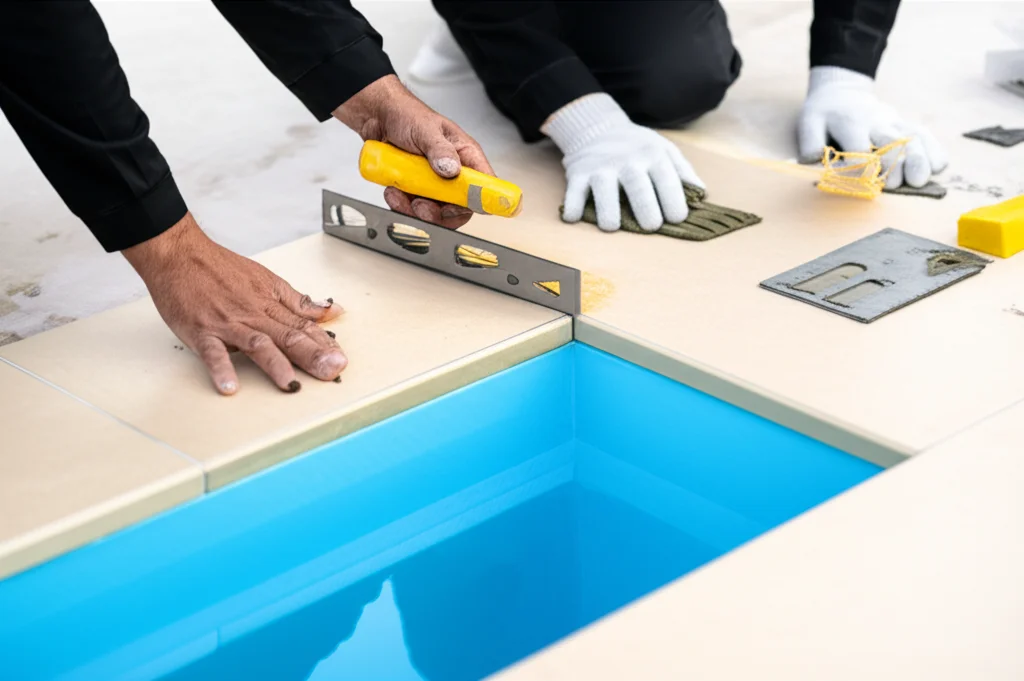Close-up shot of skilled technicians carefully installing the tiling around a plunge pool, paying close attention to det