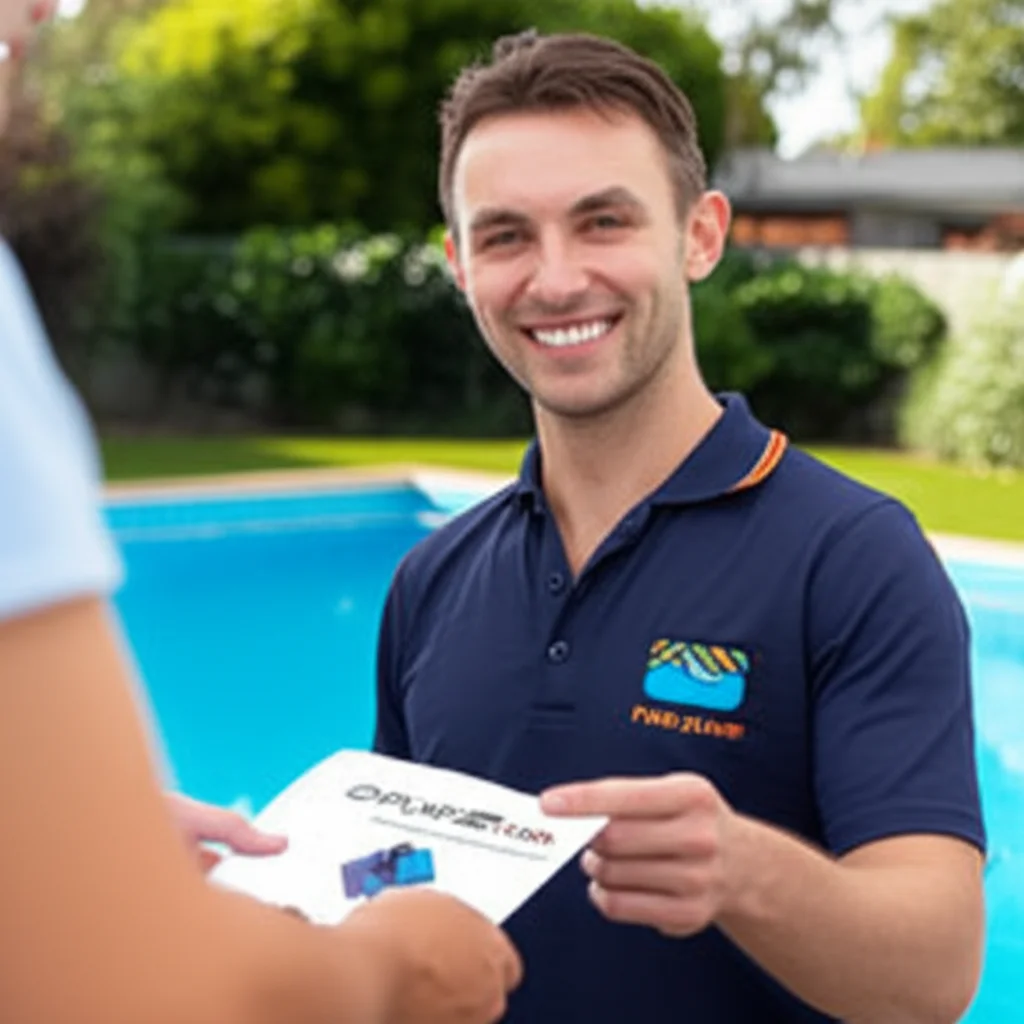 Technician in branded uniform, smiling warmly and handing a homeowner the user manual for the newly installed plunge poo