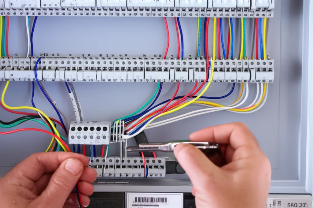 Close-up shot of a technician's hands expertly wiring a smart control panel for pool automation, showcasing clearly labe