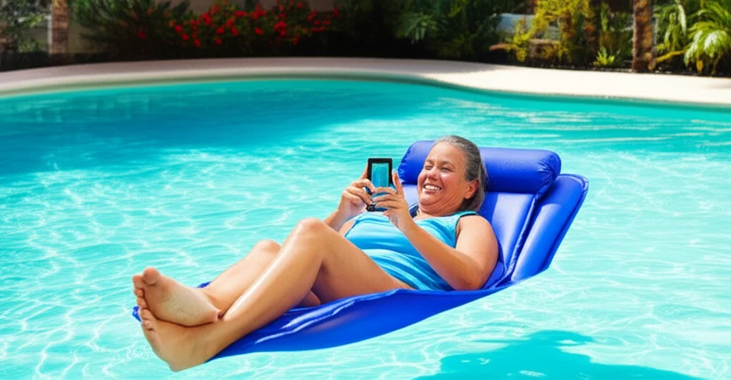 A homeowner is smiling and relaxing on a pool float, using a smartphone to adjust the pool's temperature and lighting. T