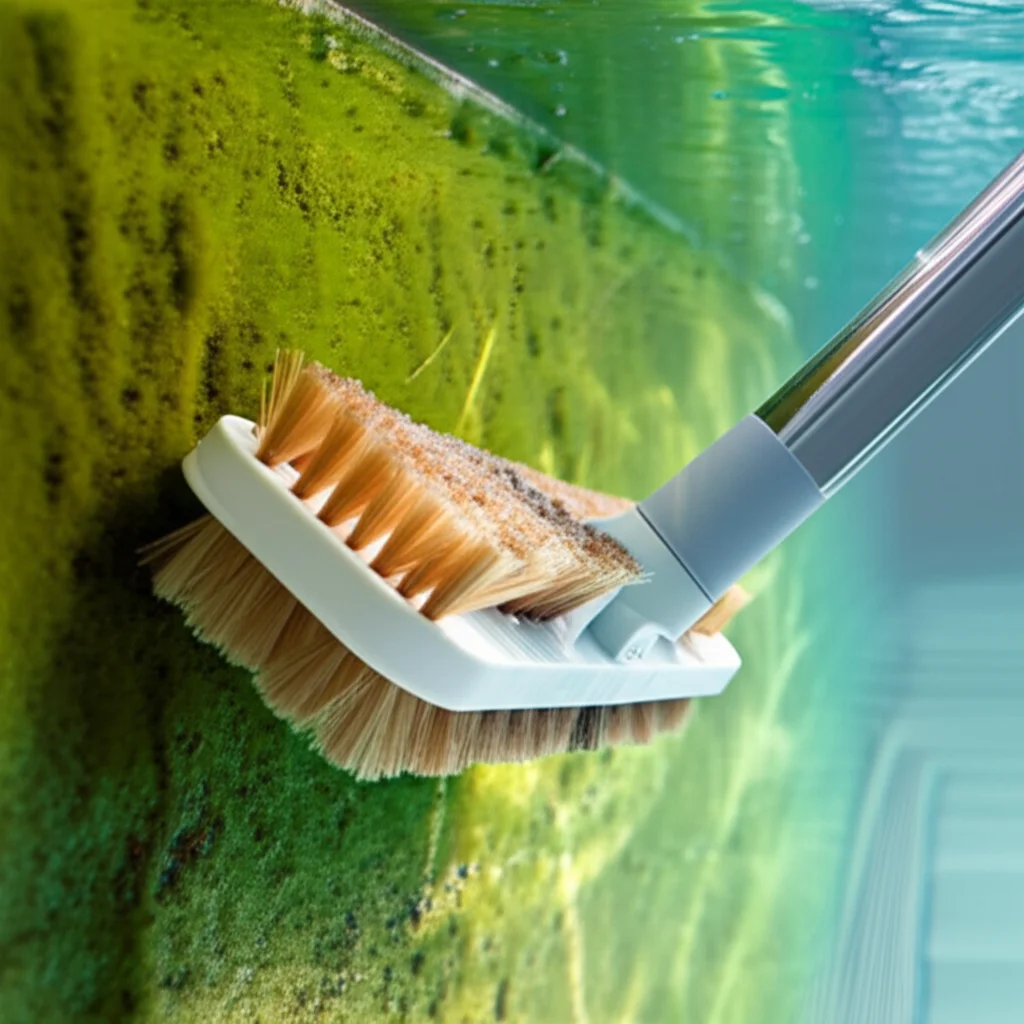 Detailed close-up shot of a professional pool brush efficiently removing algae and debris from a pool wall, underwater,