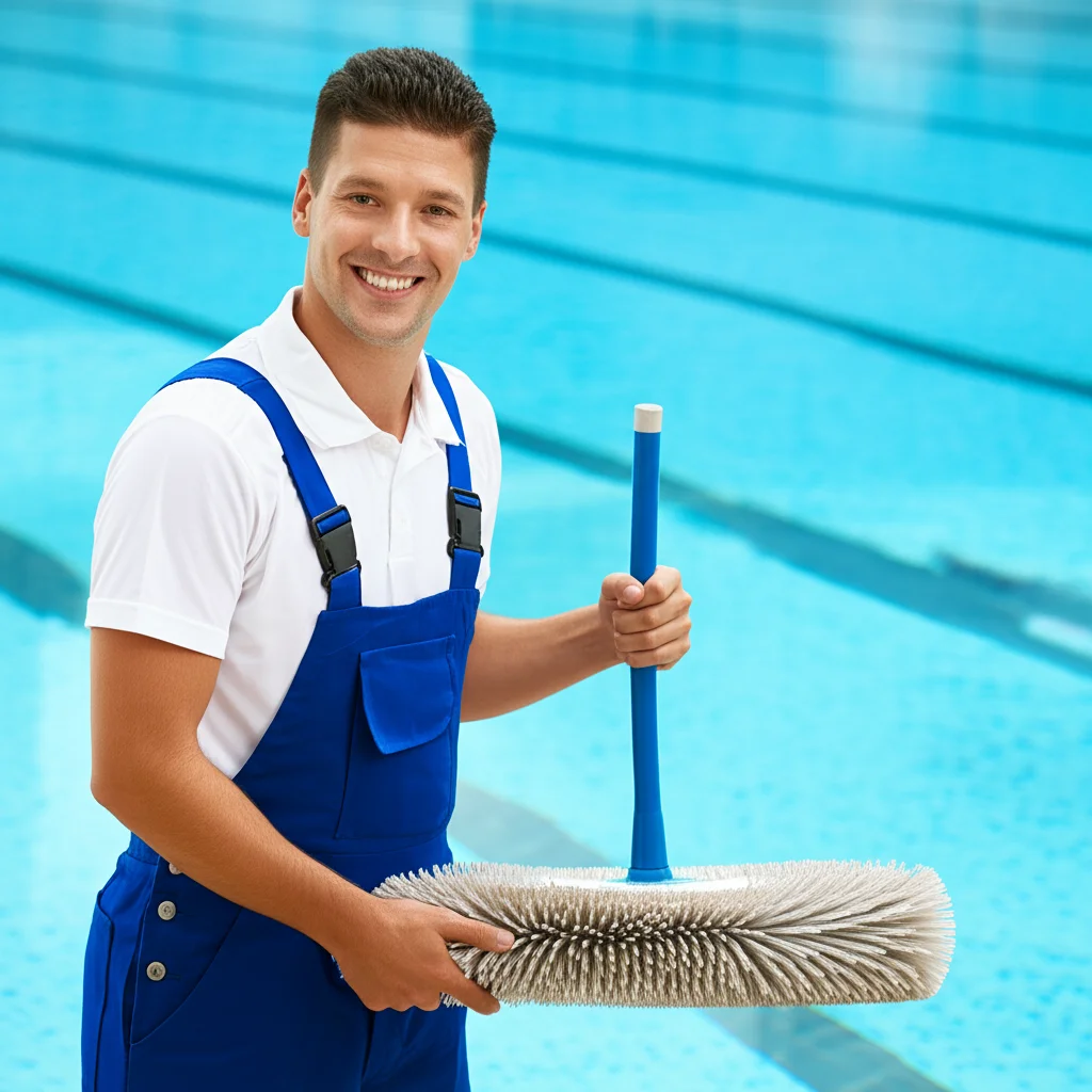 Mid-shot of a smiling pool technician holding a freshly cleaned pool brush, standing beside a sparkling pool, conveying
