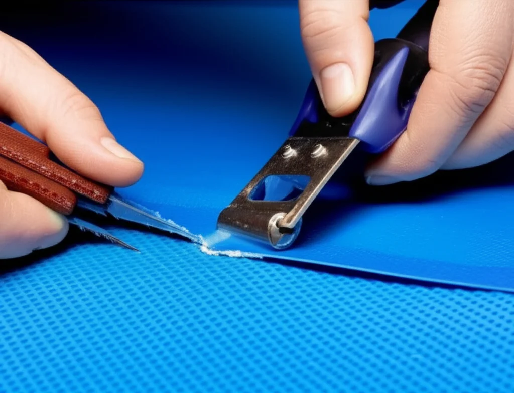 Close-up, detailed shot of a pool cover technician's hands skillfully repairing a small tear in a vinyl pool cover using