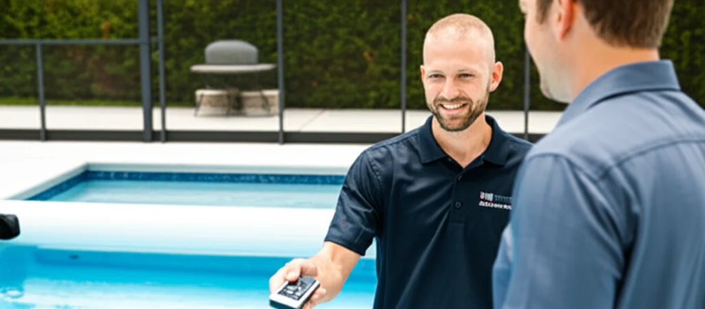 Mid-shot of a pool cover technician smiling and handing a remote control to a homeowner standing near a newly repaired p