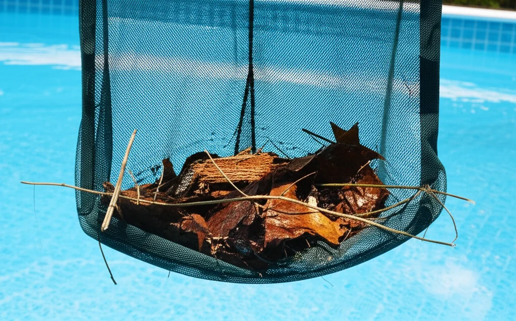 Close-up shot of a large skimmer net filled with leaves, twigs, and other organic debris being lifted from a pool. Focus