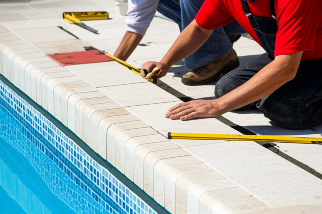 Close-up shot of skilled technicians meticulously installing custom-cut travertine pavers around a pool edge, showcasing