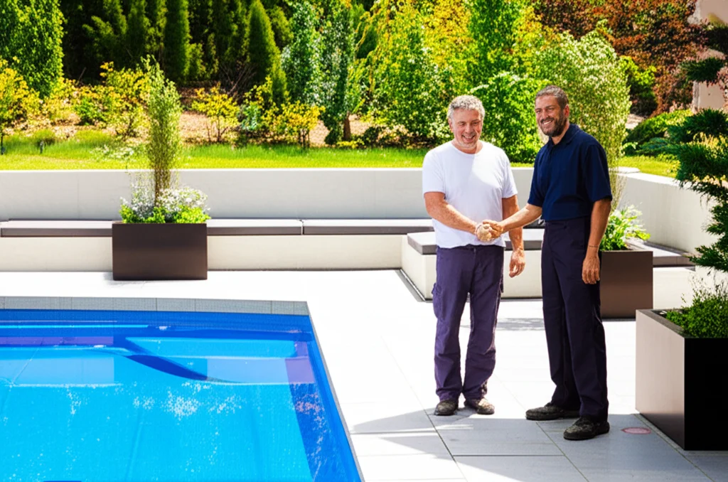 Medium shot of a homeowner smiling and shaking hands with a uniformed technician beside a newly completed pool deck with
