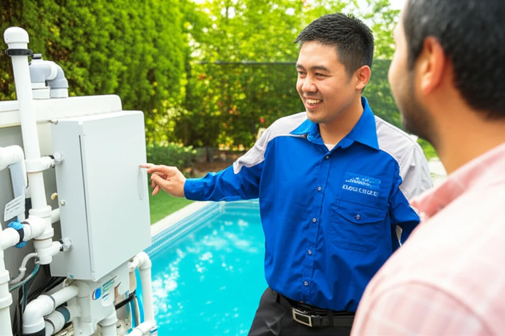 Medium shot of a smiling technician, in company branded uniform, pointing to a new, automated pool chlorination system w