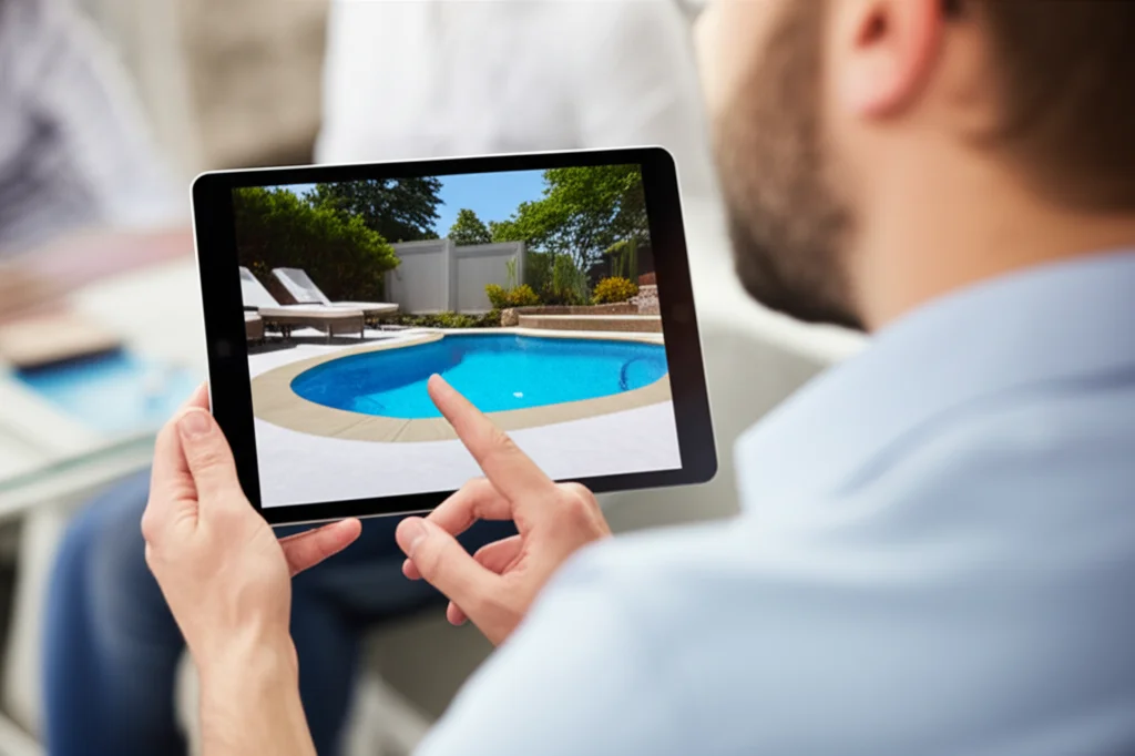 Close-up shot of a skilled landscape architect using a tablet to virtually overlay a proposed pool landscaping design on