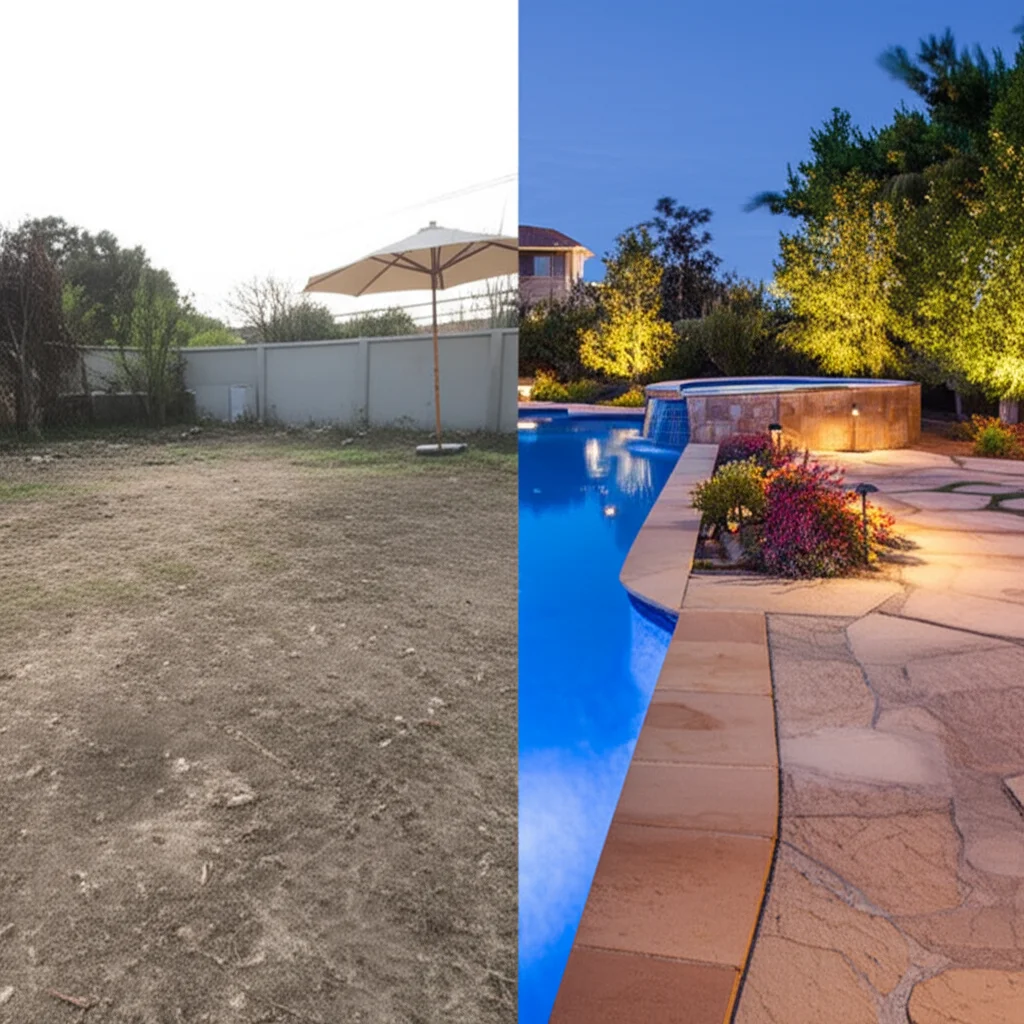Time-lapse image showing the transformation of a barren backyard into a vibrant pool oasis with meticulously placed plan