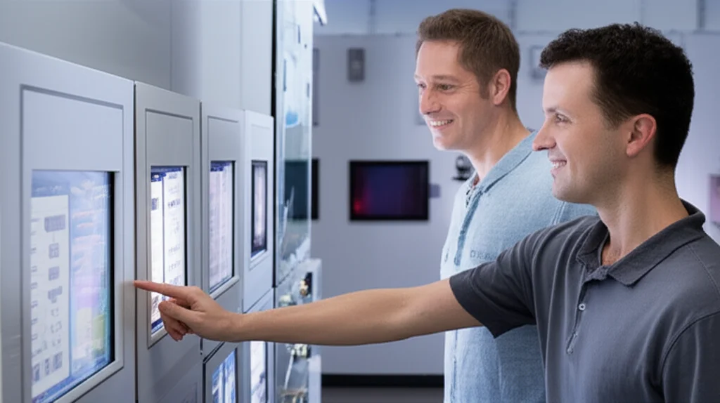 Smiling homeowner interacting with a technician in a well-lit control room, viewing and adjusting the settings on a pool