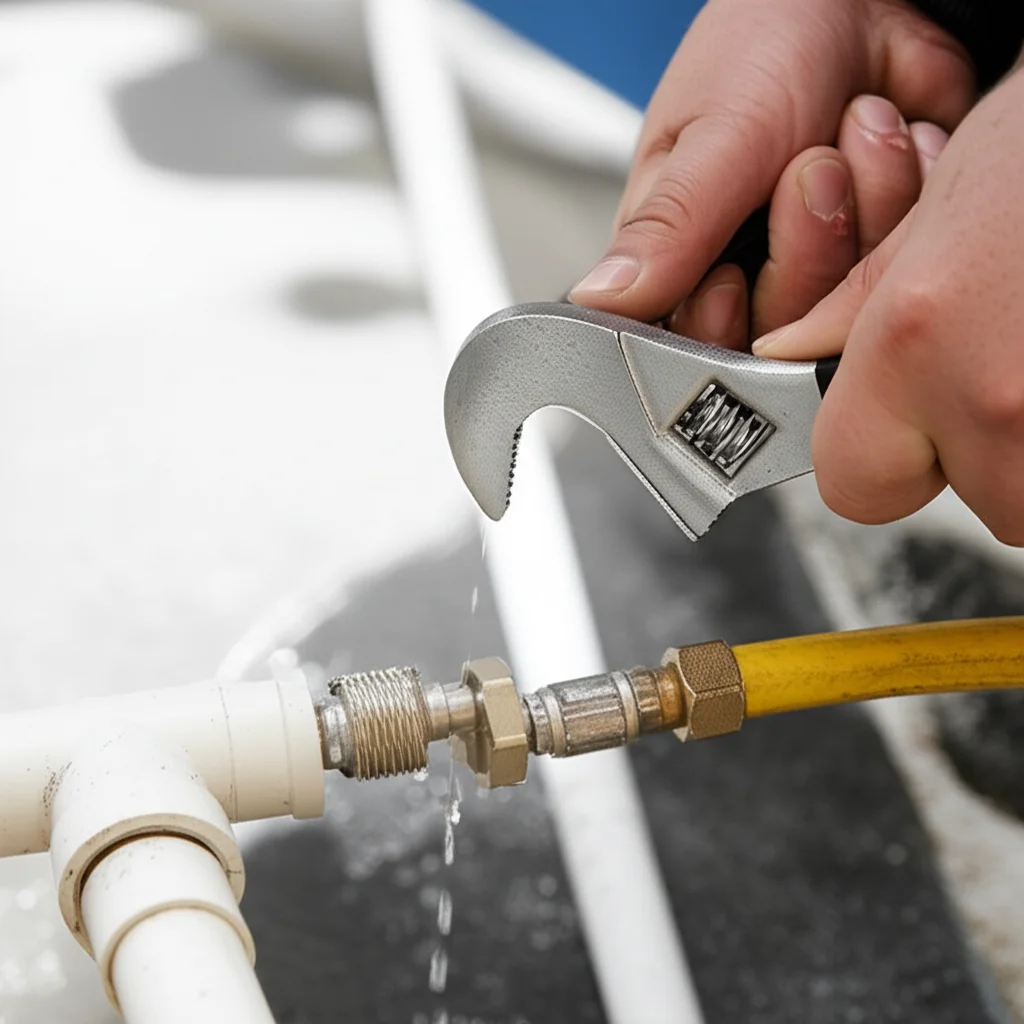 Close-up, detailed shot of a technician connecting a high-powered air compressor to a pool plumbing line, ensuring a sec