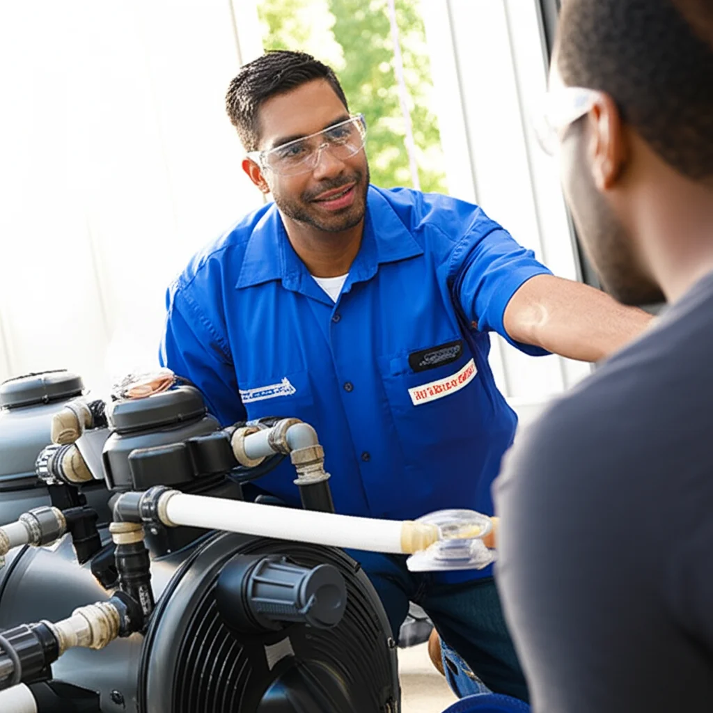 A technician, wearing protective eyewear, demonstrates the functionality of the pool line blowing system to a customer,