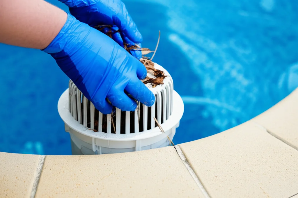 Close-up image of a skilled technician in protective gloves carefully removing leaves and debris from a pool skimmer bas