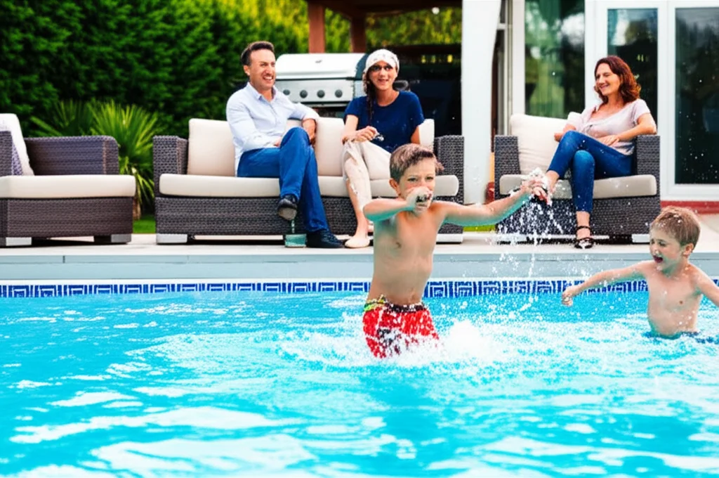 Mid-shot of a family enjoying their newly integrated pool and patio area. Children are splashing in the pool while paren