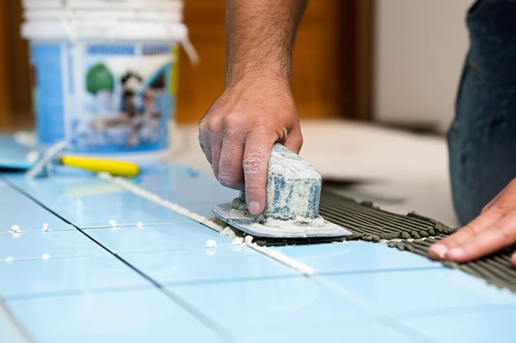 Close-up action shot of a skilled technician carefully applying grout between newly laid pool tiles. Focus on the precis