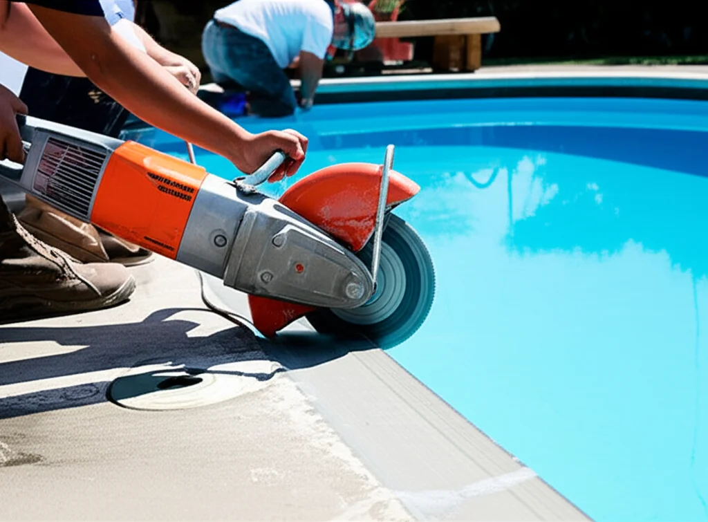 Close-up, slightly angled shot of skilled technicians using specialized concrete cutting equipment to precisely reshape
