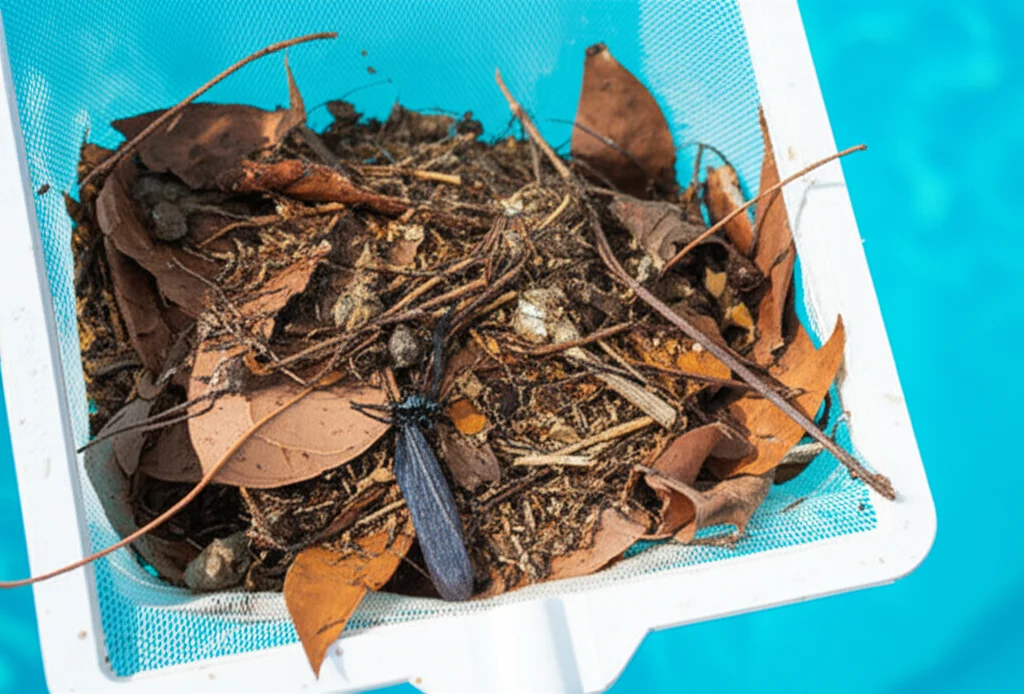 Close-up shot of a pool skimmer net filled with leaves, debris, and insects, contrasting with the pristine water surroun