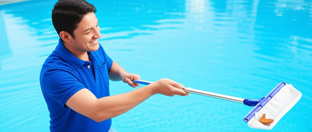 Smiling pool technician using a long-handled skimmer to carefully remove a leaf from a pool, emphasizing their attention