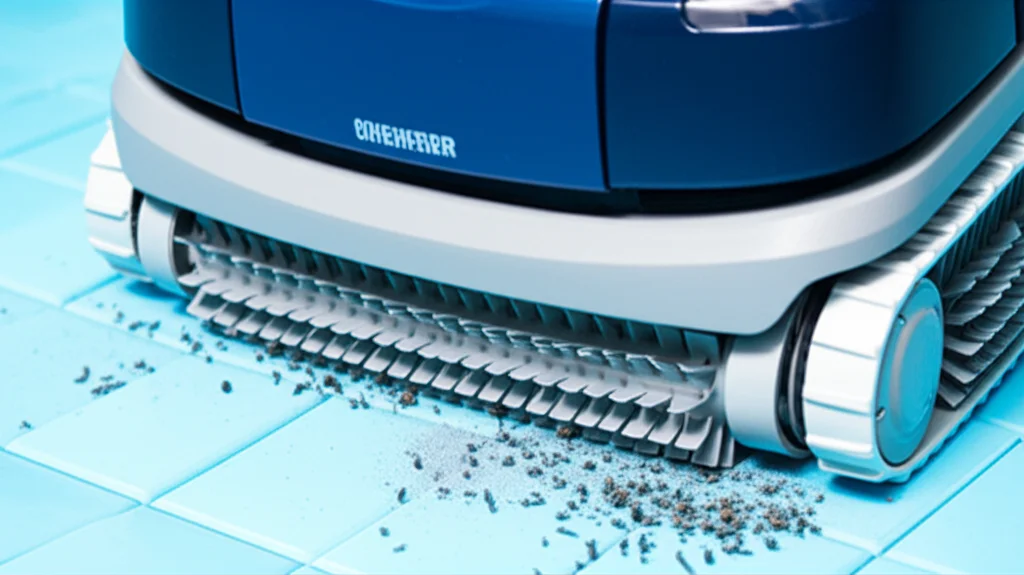 Close-up shot of a state-of-the-art robotic pool vacuum cleaner extracting debris from the pool floor, showcasing its po