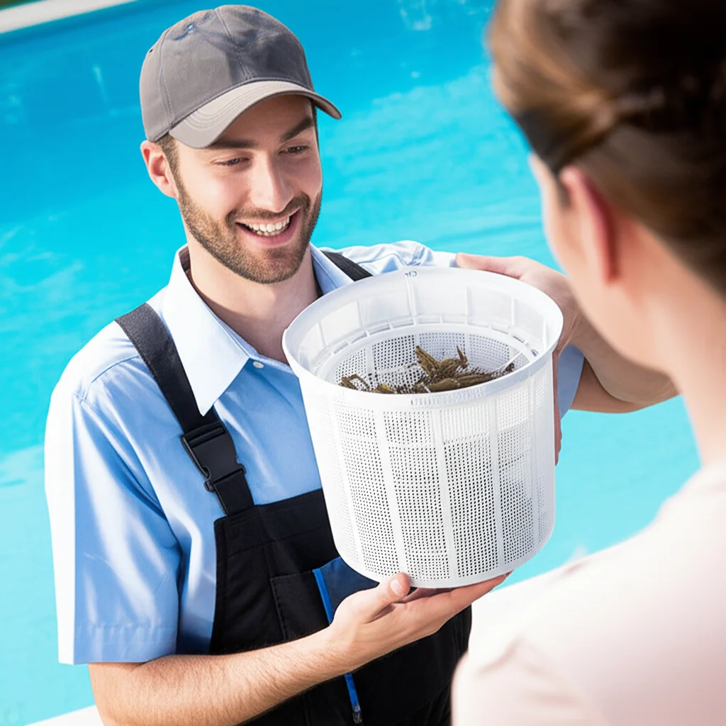 Smiling pool technician holding a fully cleaned pool vacuum filter basket, showing the homeowner the collected debris an
