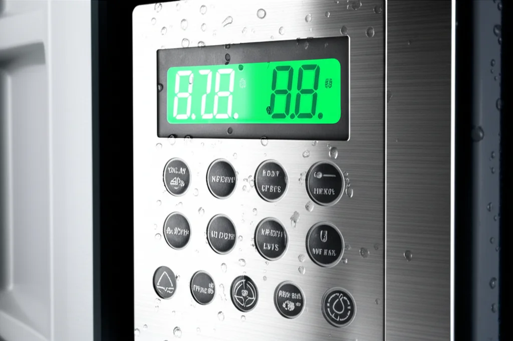 A close-up shot of a pool water softening system's control panel, showing digital readings and settings. Water droplets