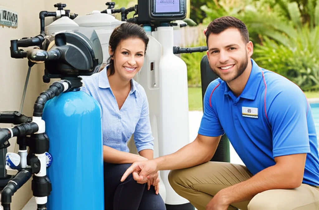 A friendly, uniformed technician kneeling beside a homeowner, both smiling and pointing at a newly installed water softe