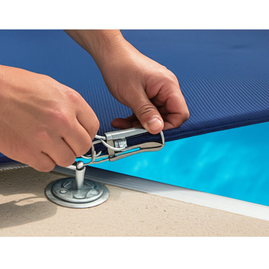 Close-up shot of a pool technician carefully attaching a safety pool cover spring to an anchor point on the pool deck, s