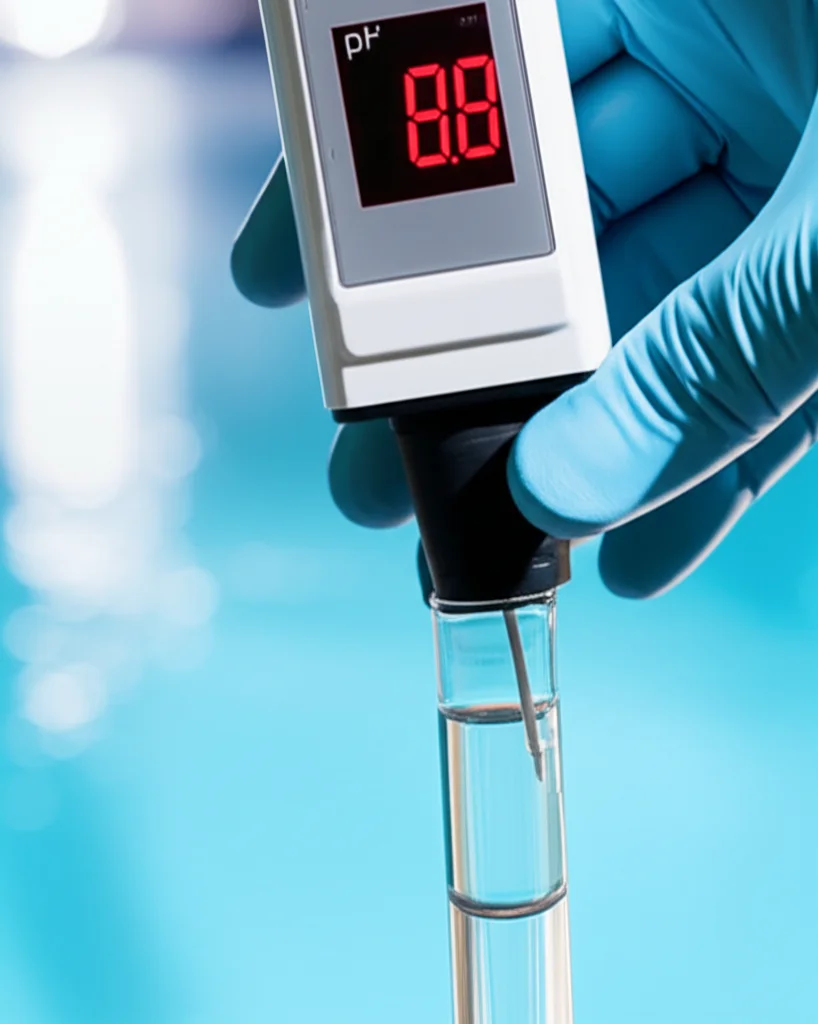 Close-up shot of a technician's gloved hand holding a digital pool pH testing device, displaying a perfect reading, over
