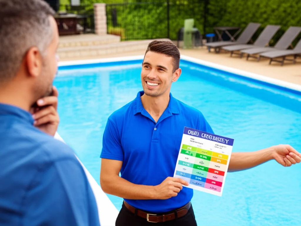 Medium shot of a pool service technician smiling and pointing to a color-coded chart showing ideal pH levels. He's expla