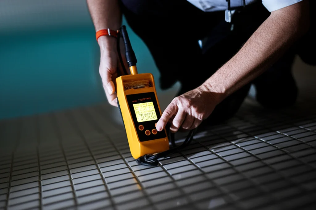 Close-up shot of a pool inspector using a specialized ultrasonic device to detect cracks and leaks in the pool's shell,