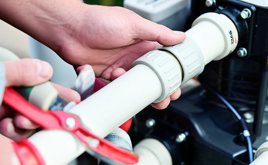 Close-up image of a skilled technician carefully connecting high-quality, durable PVC pipes to a new pool pump motor, us