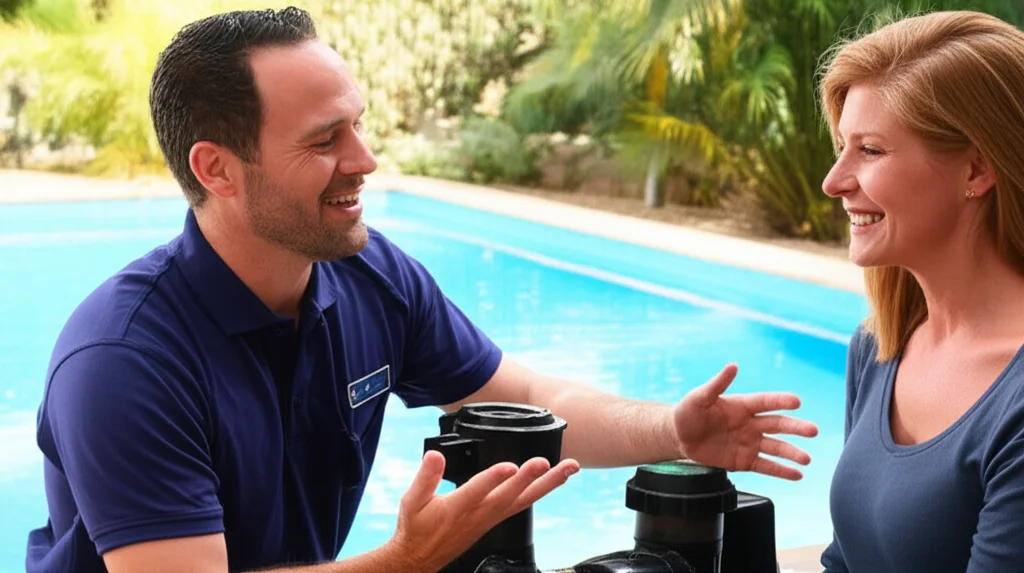 Friendly pool technician explaining the features and benefits of a newly installed variable speed pool pump to a smiling
