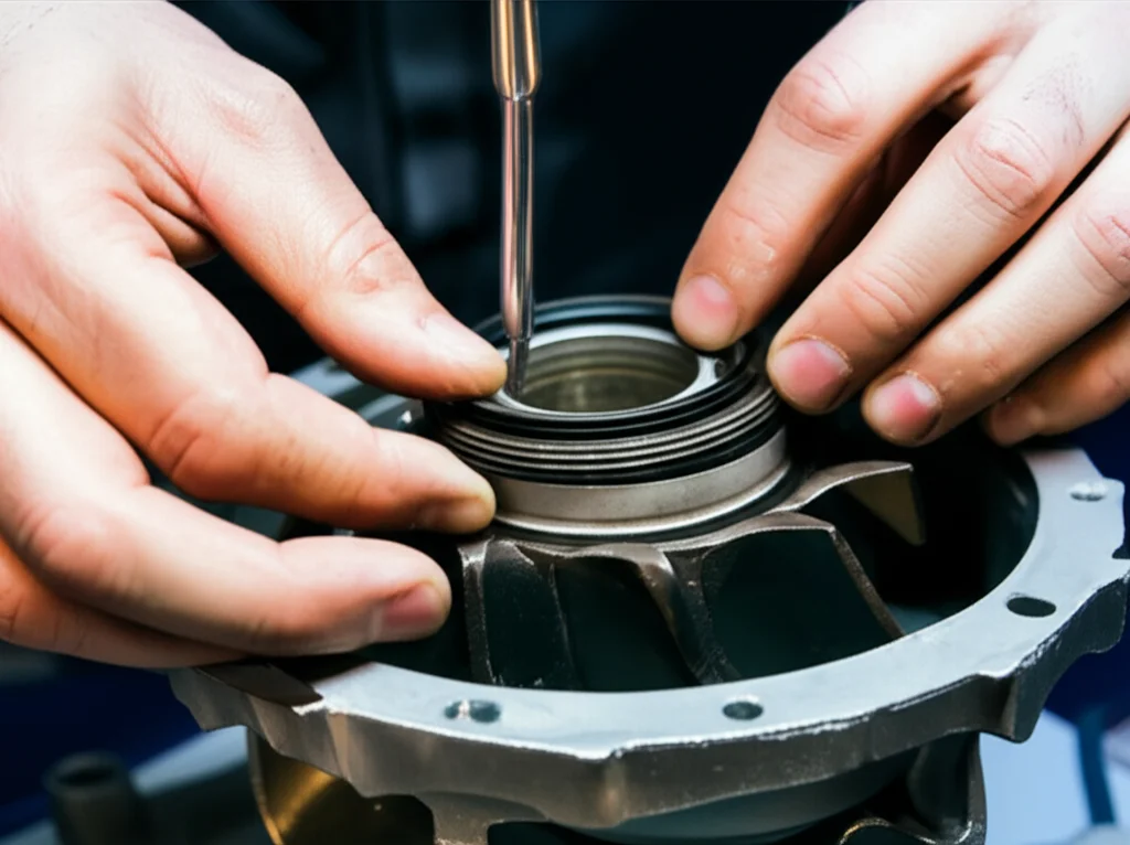 Extreme close-up of a skilled technician's hands expertly replacing a worn seal on a pump impeller with precision tools,