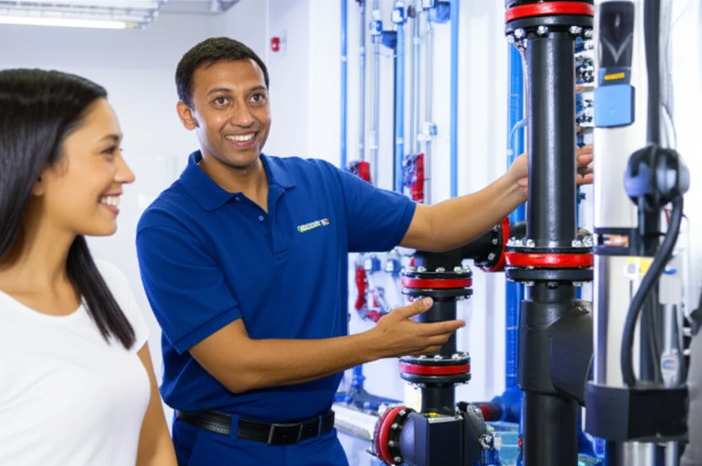 Friendly technician in a clean uniform, smiling and pointing to a newly installed, energy-efficient pump, while explaini