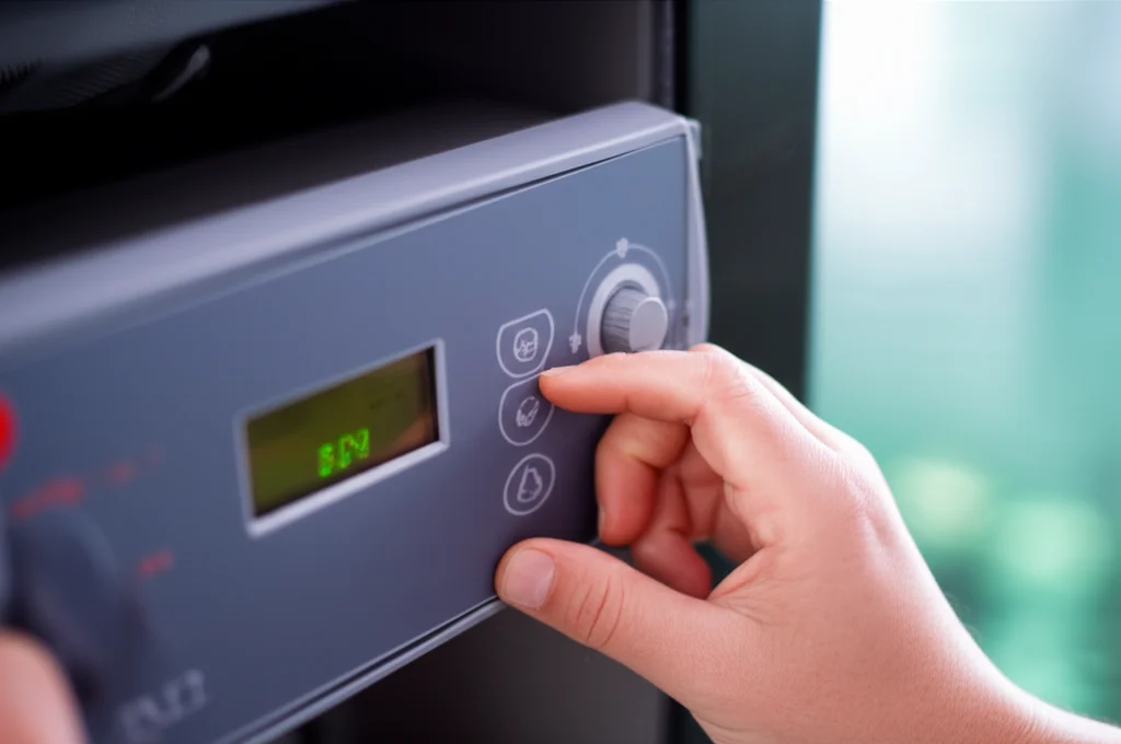 Close-up of a technician meticulously adjusting a precision water heater controller for a relaxation pool, showing the d