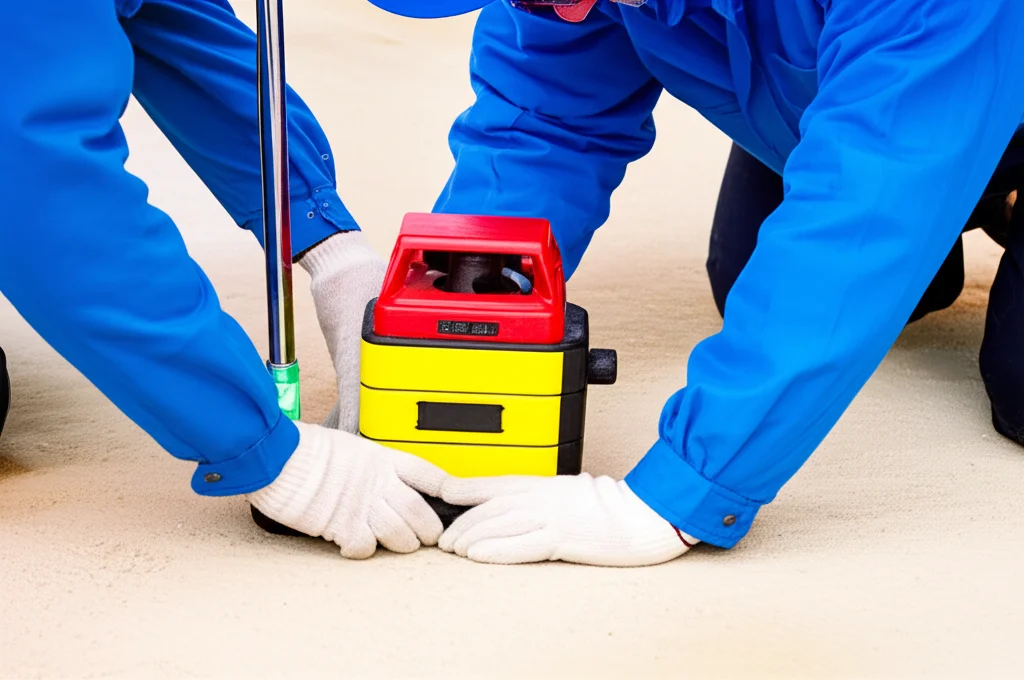 Close-up, slightly low-angle shot of two uniformed technicians meticulously leveling the pool base with a laser level an