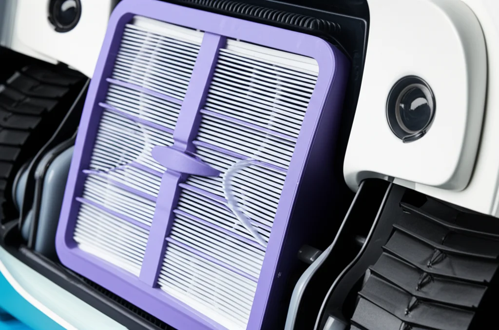 Close-up, detailed shot of a robotic pool cleaner's internal mechanism, showcasing its advanced filter system and naviga