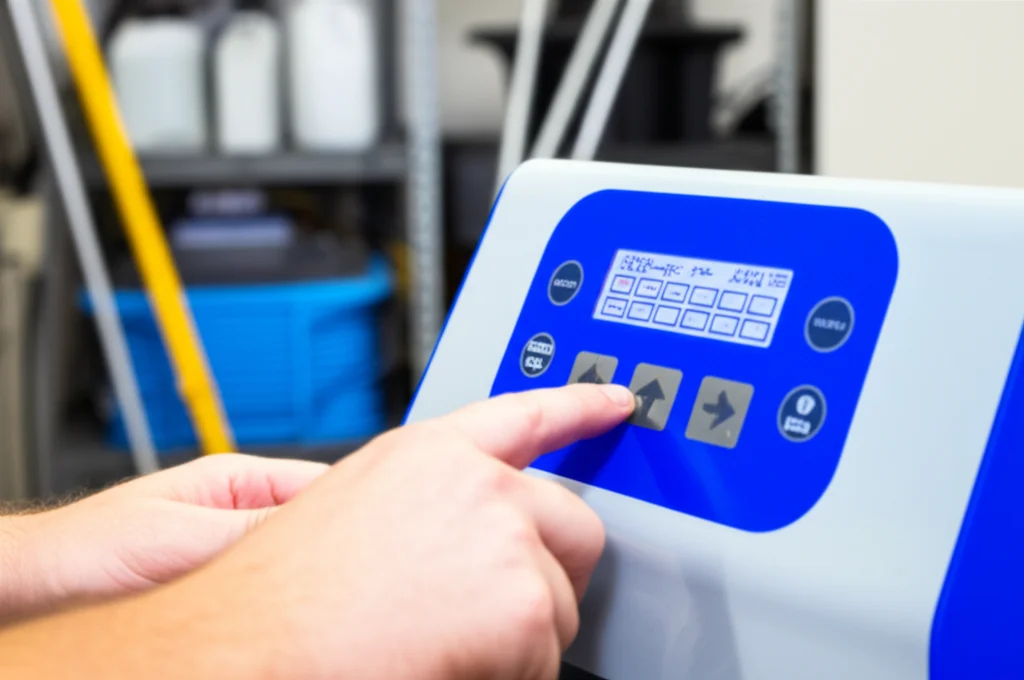 Close-up shot of a technician's hands carefully programming a robotic pool cleaner's control panel, showcasing the digit