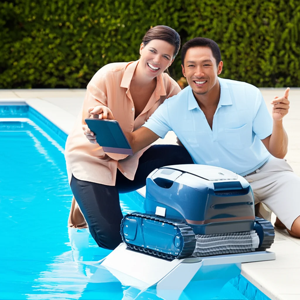 Medium shot of a technician smiling and pointing towards a robotic pool cleaner exiting the water onto its caddy, explai