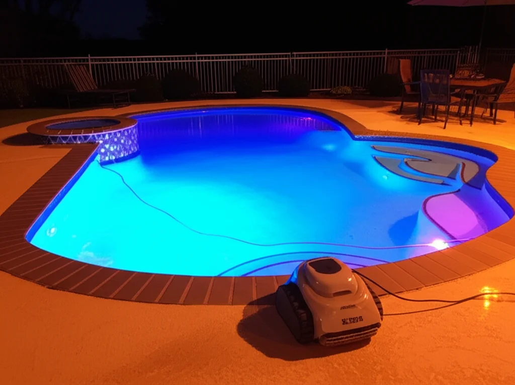 Nighttime view of an Arlington, TX pool illuminated with multicolored LED underwater lights, creating a vibrant and invi