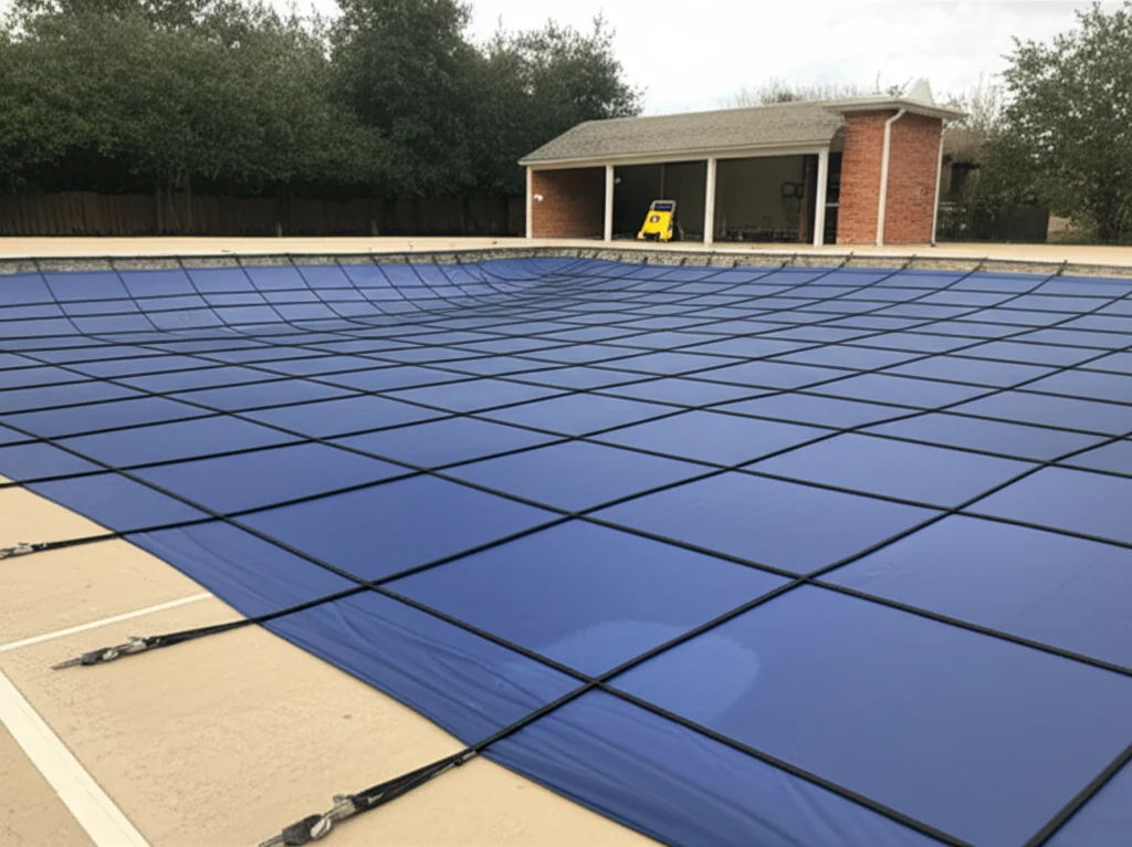 Arlington, TX pool covered with a durable winter safety cover, a partially drained pool with visible waterline, and a ro
