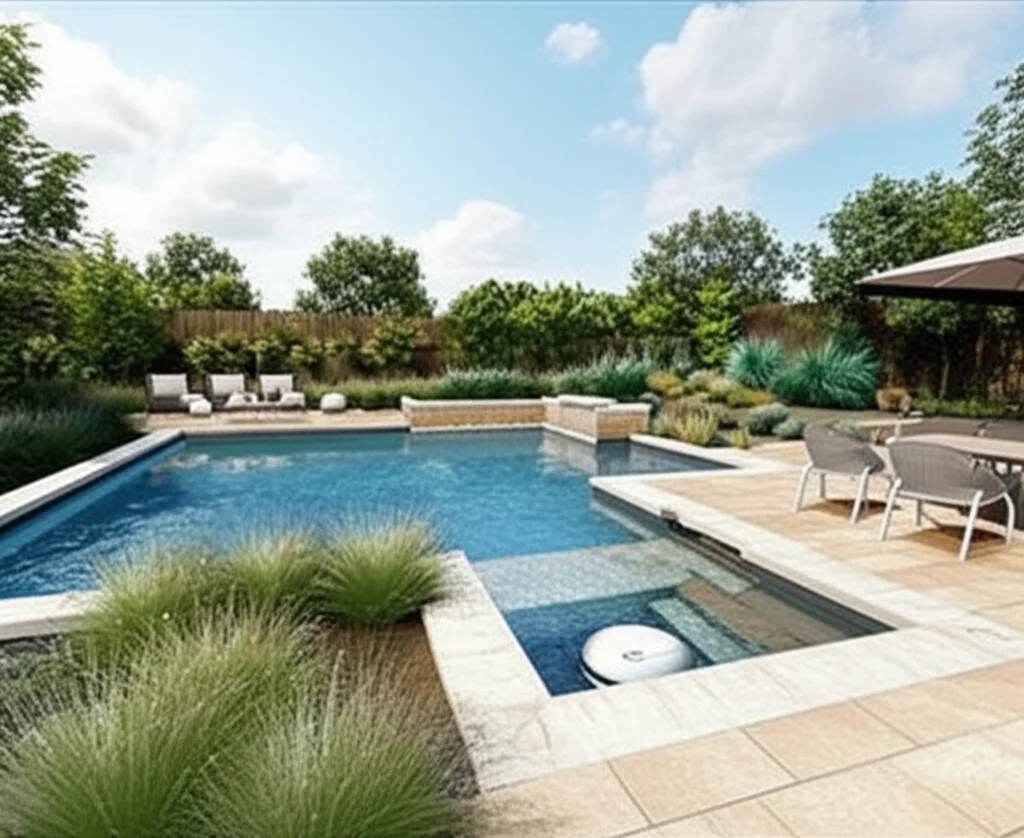 Architectural rendering of a modern Austin, TX backyard pool design featuring a negative edge, natural stone coping, dro